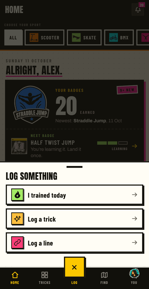 The log sheet, with I trained today and log a trick