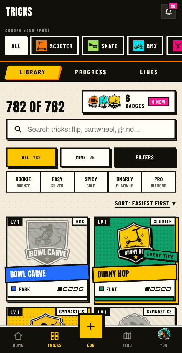 The trick library across every sport, each trick showing its category, difficulty, sport and tracking status
